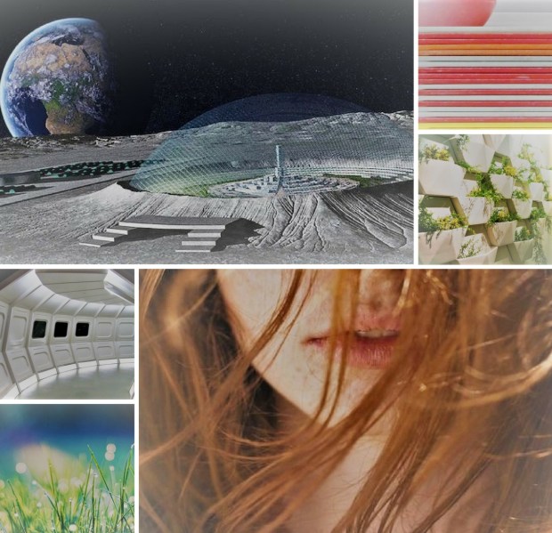Moon Dust In My Hairnet mood board: lunar settlement dome, cafeteria trays, vertical garden, space hallway, dewy grass, redhead young woman lower face