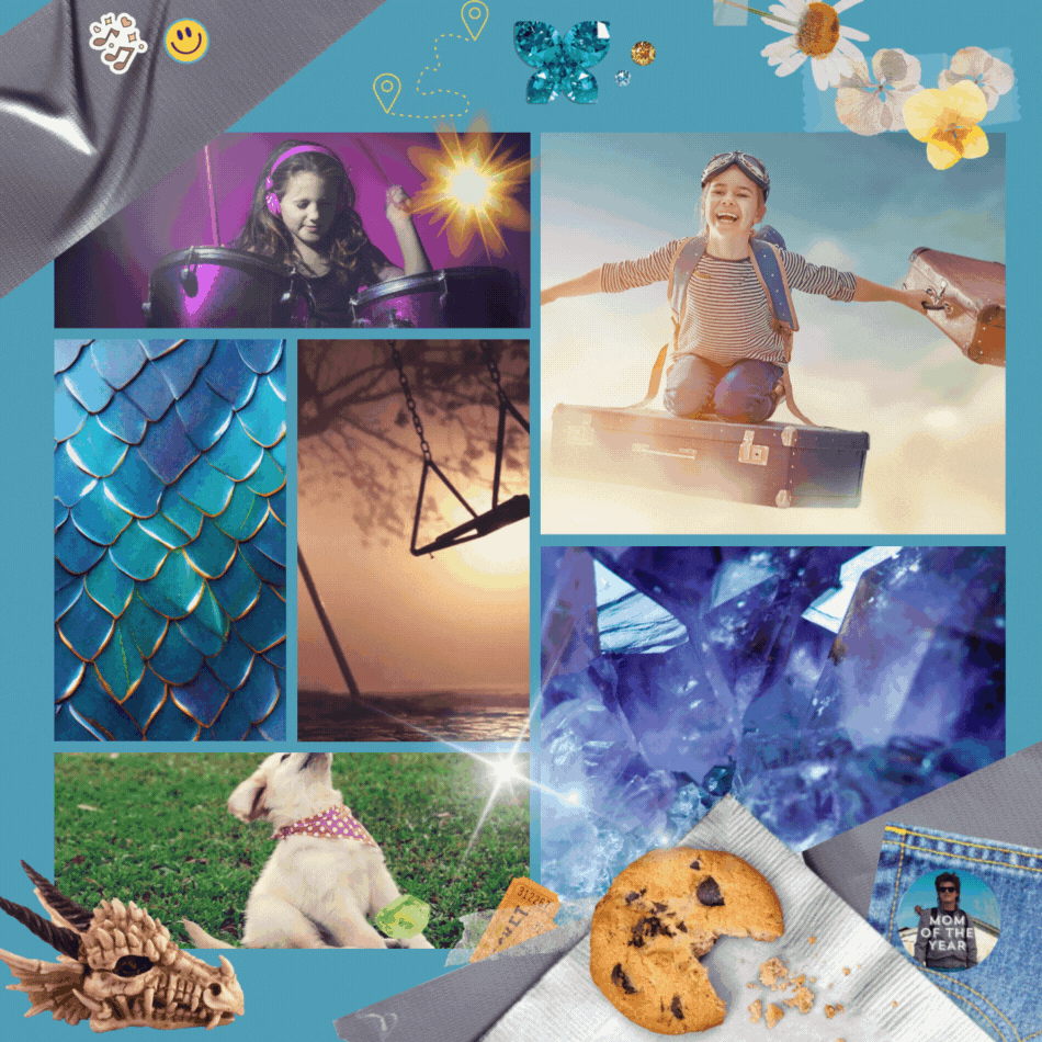Image: Moodboard for Memphis and the Shades; sky blue background, dragon scales, swings swinging, white kid flying on a suitcase, sparkling crystals, a chocolate chip cookie on a napkin, a pin of Steve Harrington from Stranger Things as "Mom of the Year," a white kid pounding on a drum kit, a golden lab puppy nearly falling over by force of its little bark, dried flowers, duct tape, smiley stickers, a dragon skull, a butterfly shaped jewel